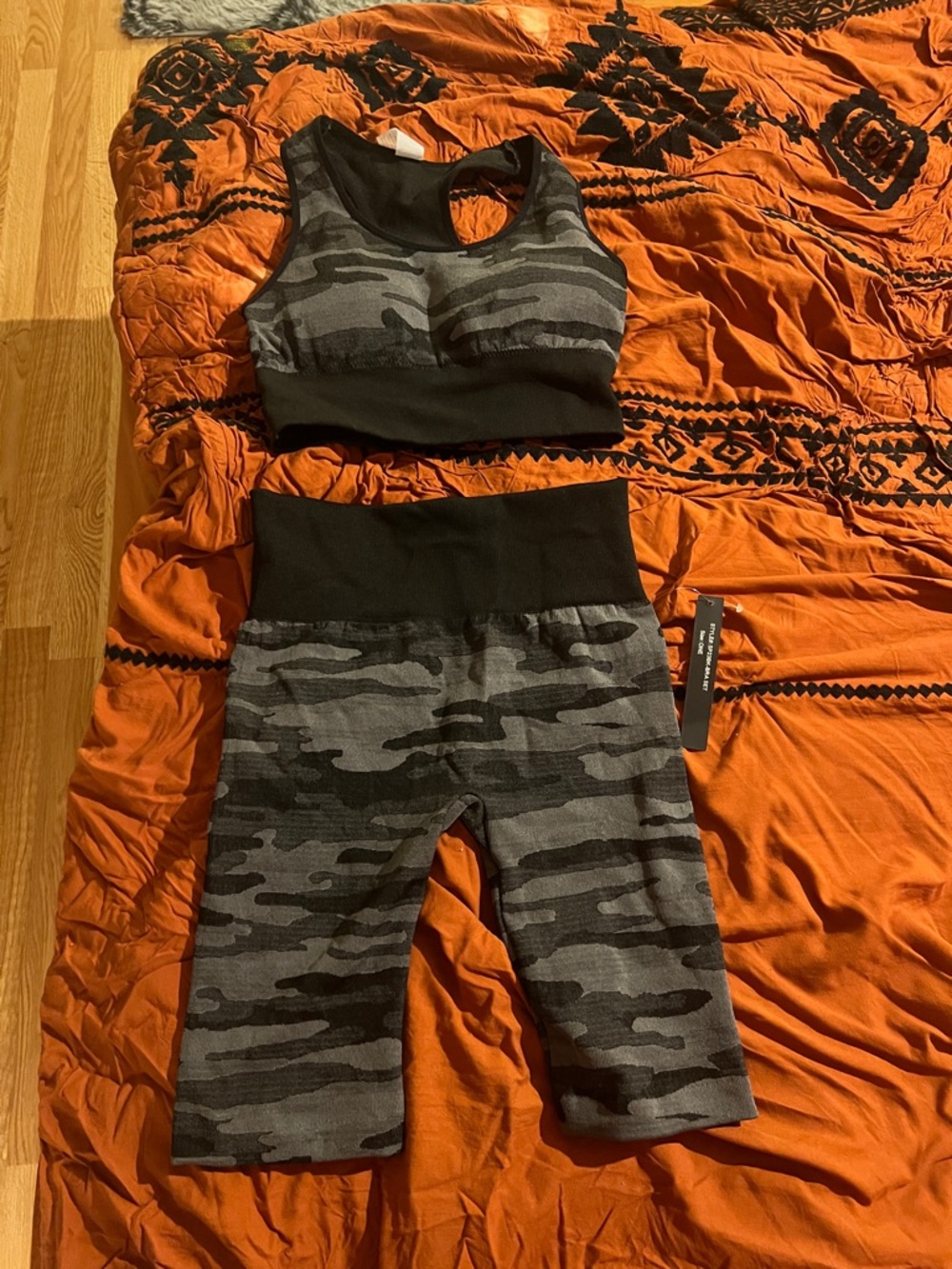Black & Gray Camo High-Waist Bike Shorts with Matching Sports Bra